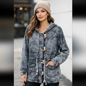 Rare Special A Denim Women's Acid Wash Hooded Urban Casual Toggle Jacket Size L.